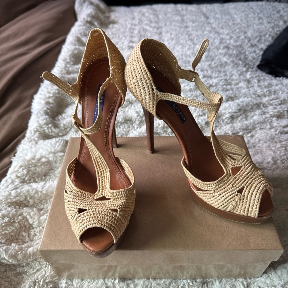 Ralph Lauren Purple Label Jedina Natural Raffia 5" Platform
Heels Size 8